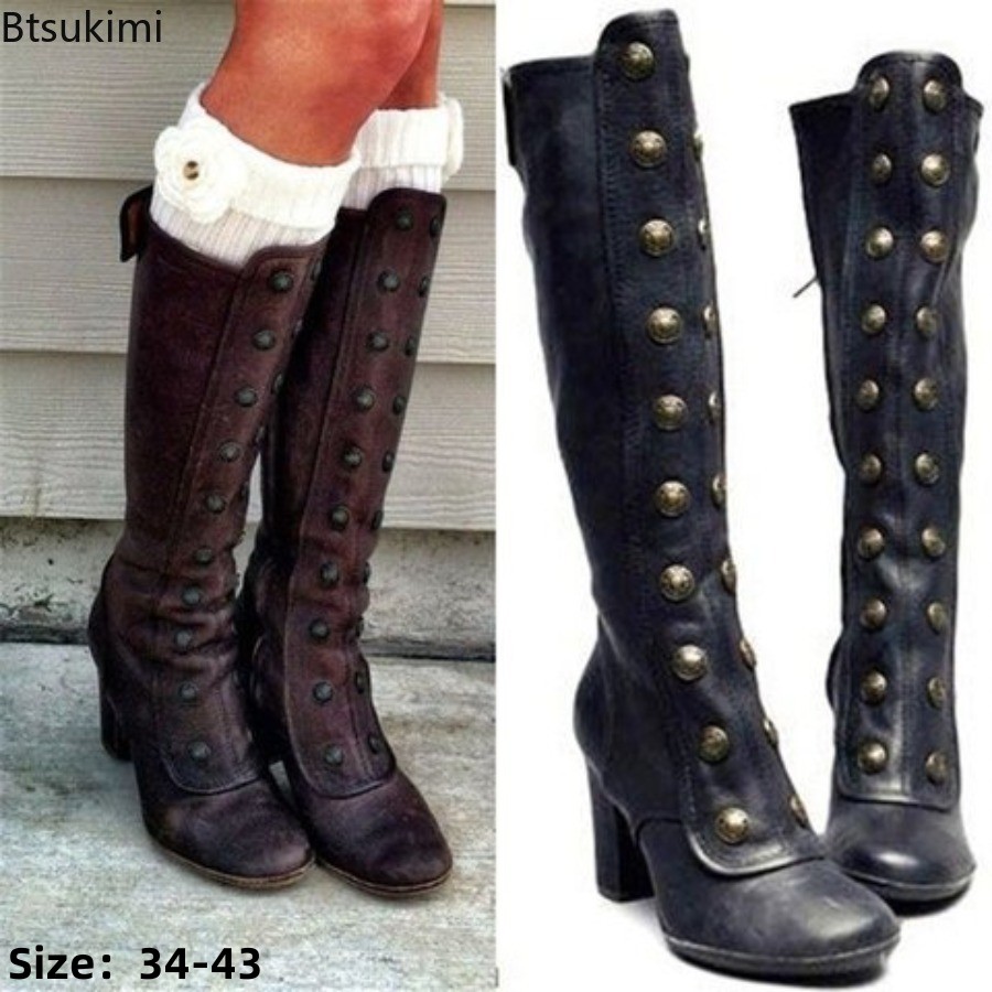Retro Czarne Botki z Nitami na – Women'S Fashion Knee High Boots recenzja i cena